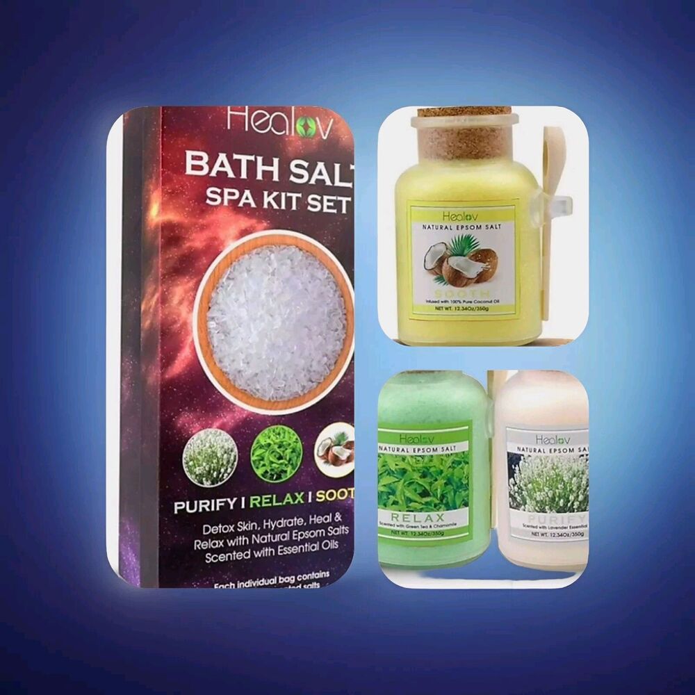 Bath Salt Set W/ 3 Scents Relieves Aches Pains 100% Natural Epsom Salts Spa Gift